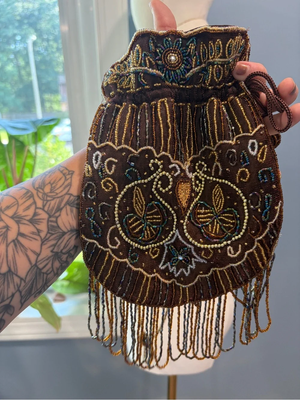 Vintage Hand Beaded Drawstring Purse Brown Fringe Evening Bag Boho